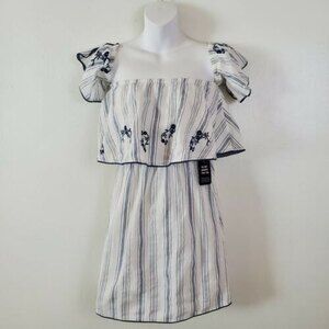 Express Top XS White Striped Floral Embroidered Boho Tunic Coastal Beach Casual